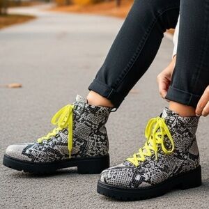 Bamboo Women’s Snake Print Combat Boots Yellow Laces, Size 6.5
